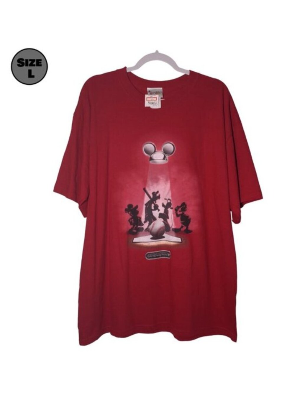VINTAGE Walt Disney World Baseball Spotlight Shirt (L, Red, Mickey, Goofy, Tags)